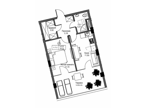 ЖК Artville: планування 1-кімнатної квартири 49.91 м²