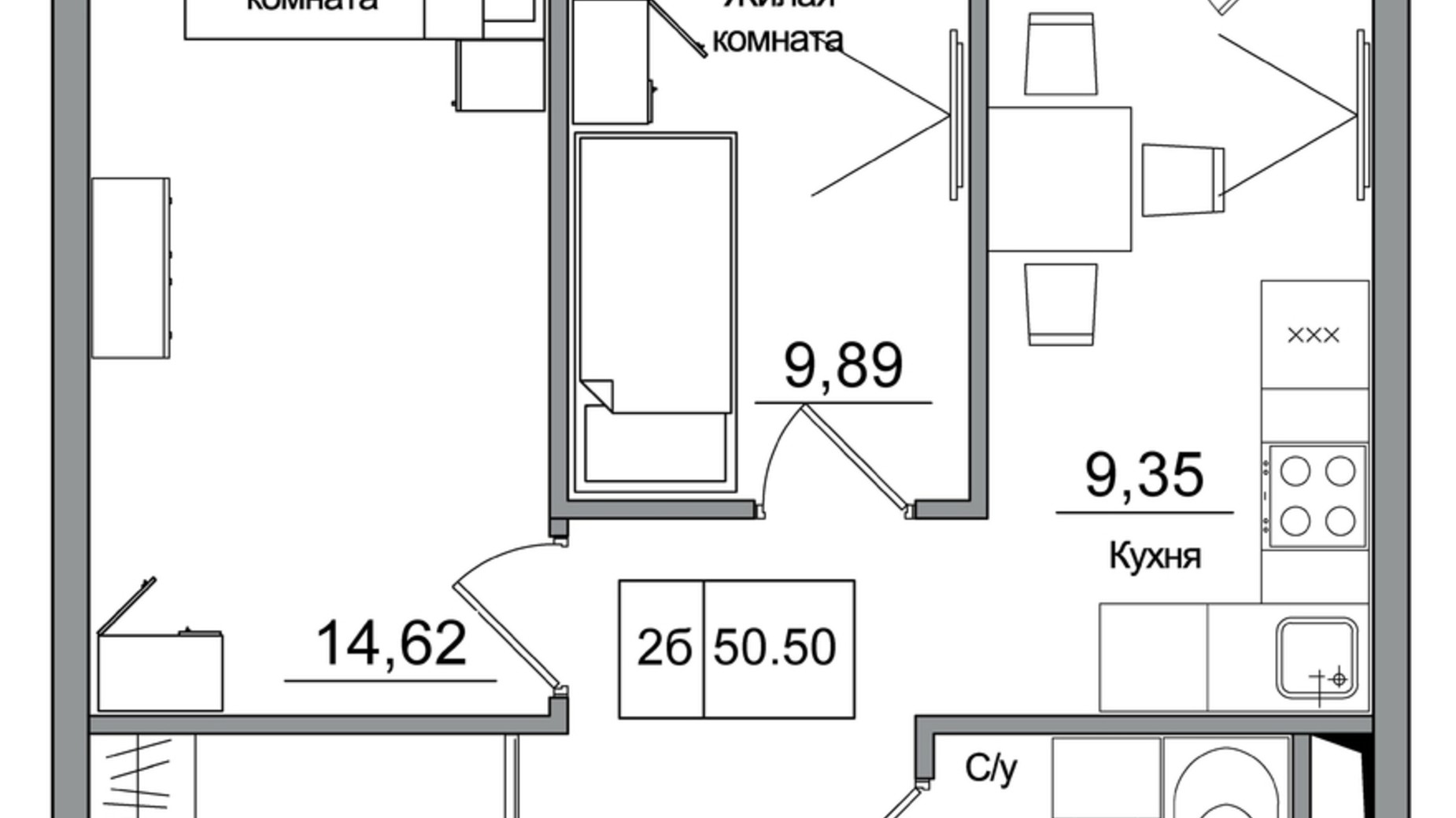 Планировка 3-комнатной квартиры в ЖК Artville 49.04 м², фото 570806