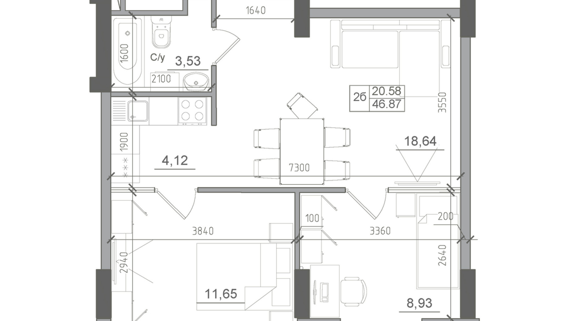 Планування 2-кімнатної квартири в ЖК Artville 46.87 м², фото 570807