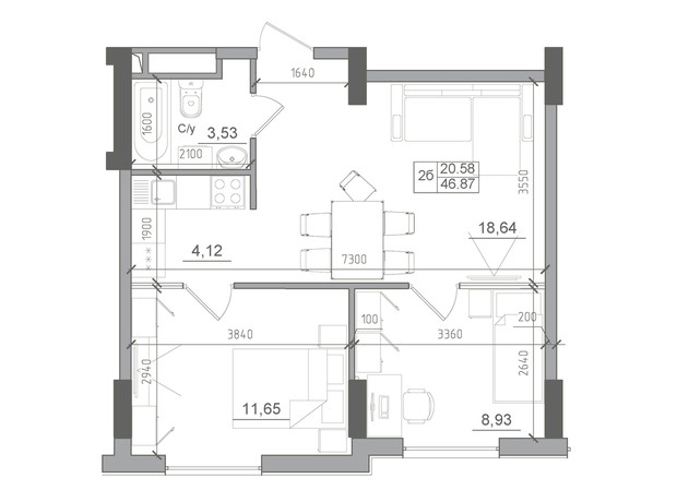 ЖК Artville: планировка 2-комнатной квартиры 46.87 м²