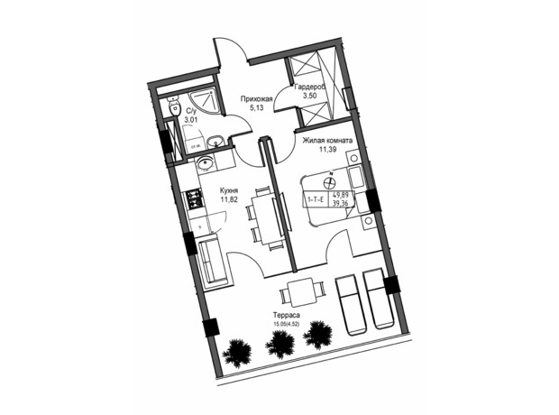 ЖК Artville: планування 1-кімнатної квартири 49.89 м²
