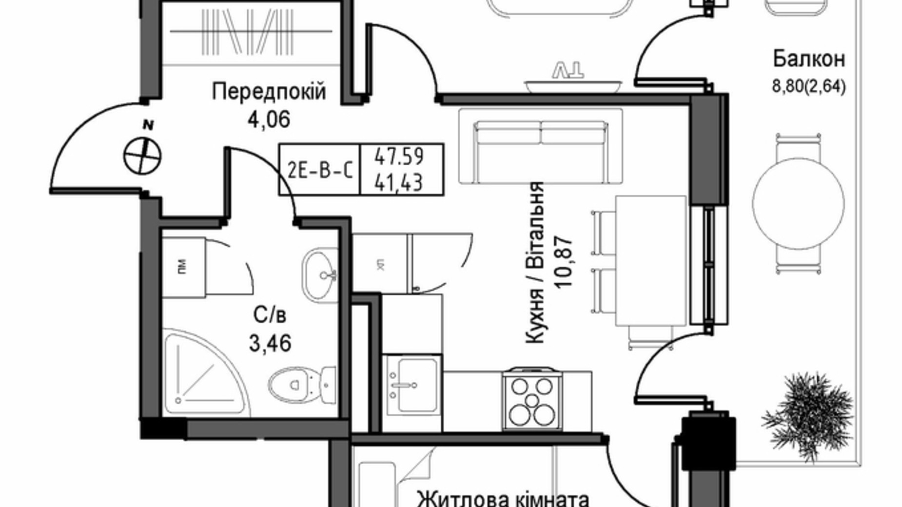 Планировка 2-комнатной квартиры в ЖК Artville 47.59 м², фото 570810