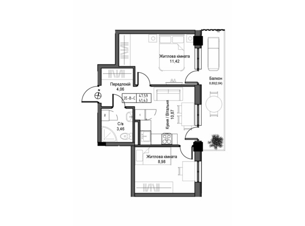 ЖК Artville: планировка 2-комнатной квартиры 47.59 м²