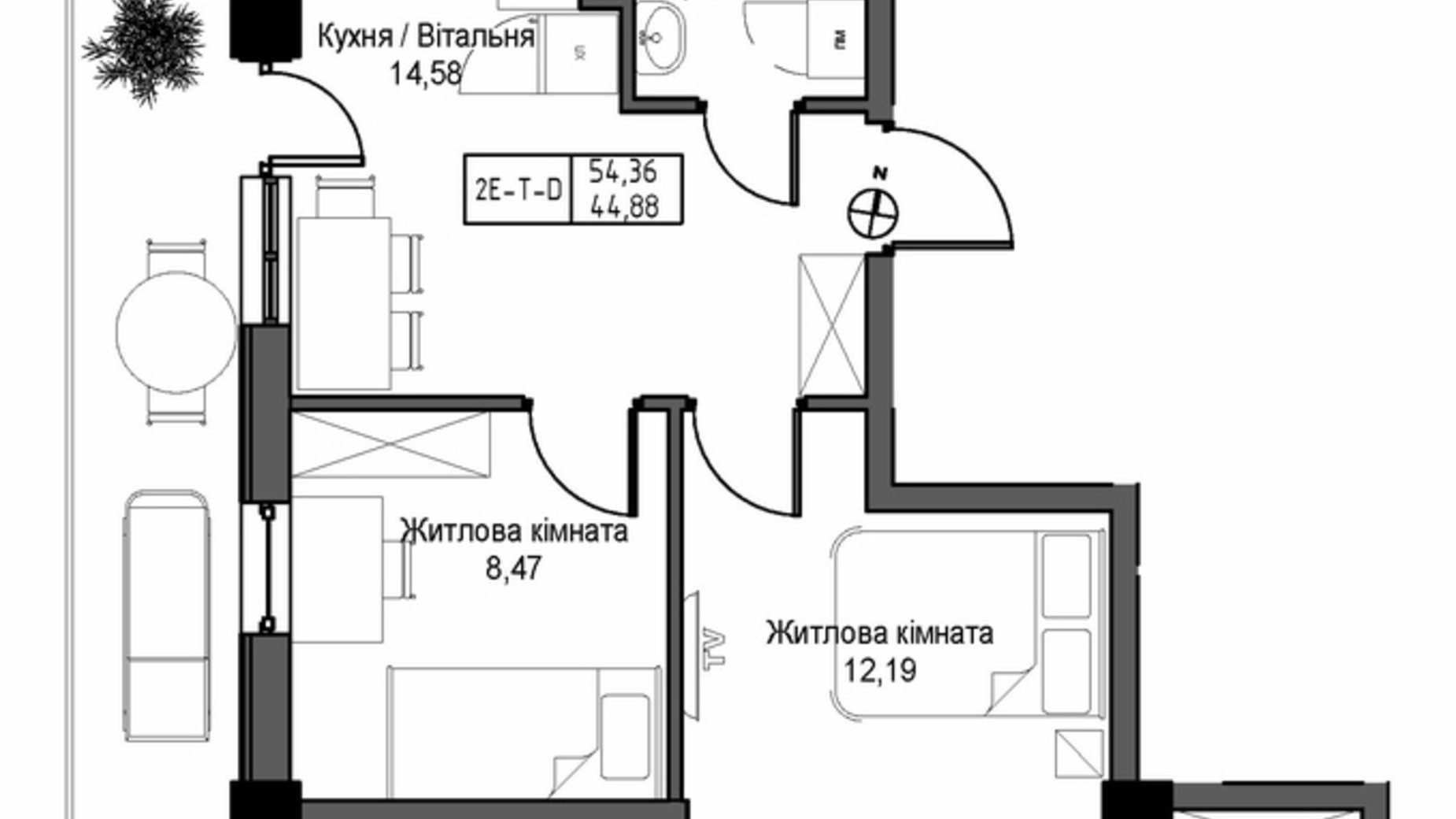 Планування 2-кімнатної квартири в ЖК Artville 54.36 м², фото 570811