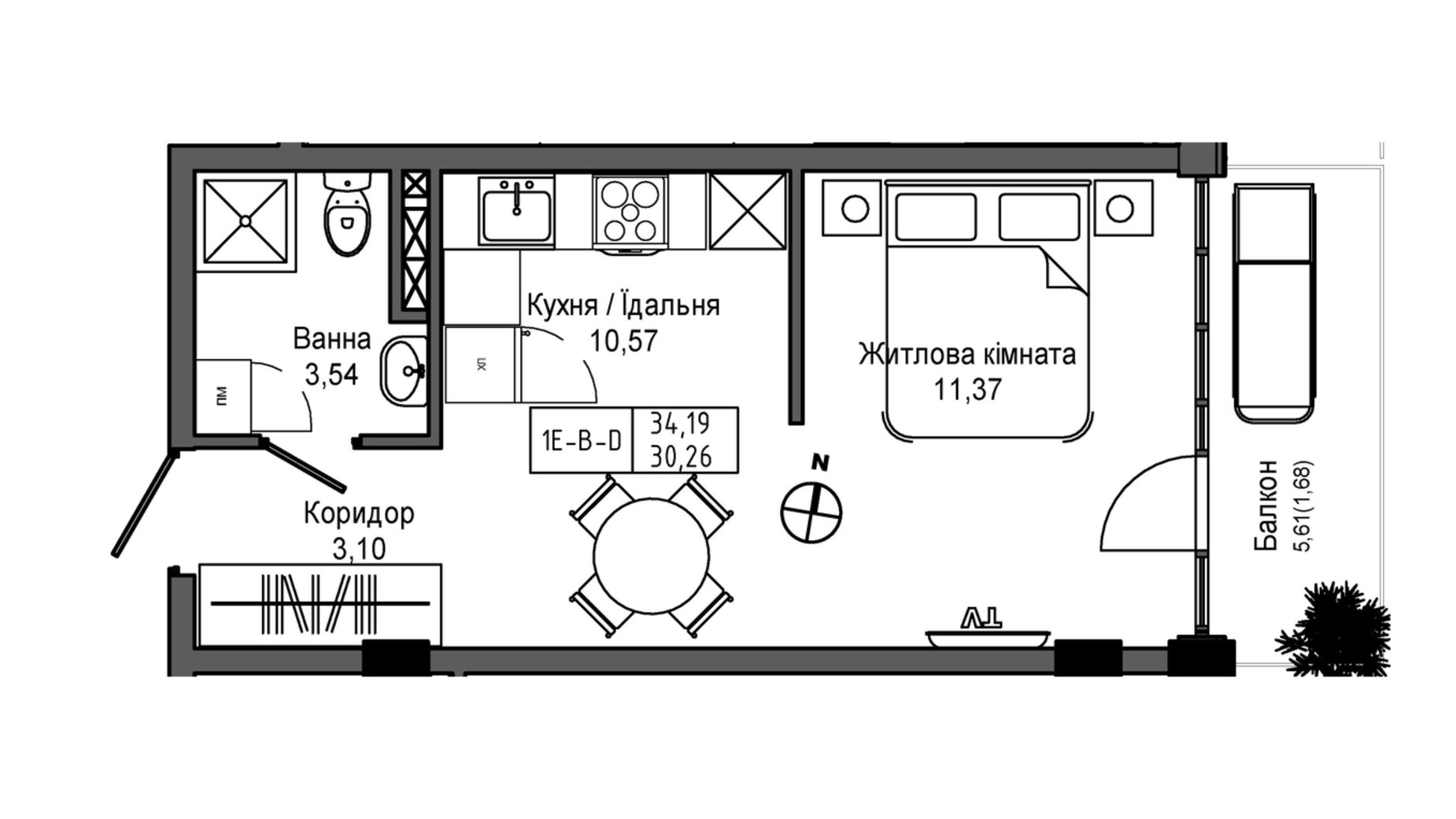 Планування 1-кімнатної квартири в ЖК Artville 34.19 м², фото 570814