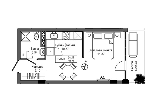 ЖК Artville: планування 1-кімнатної квартири 34.19 м²