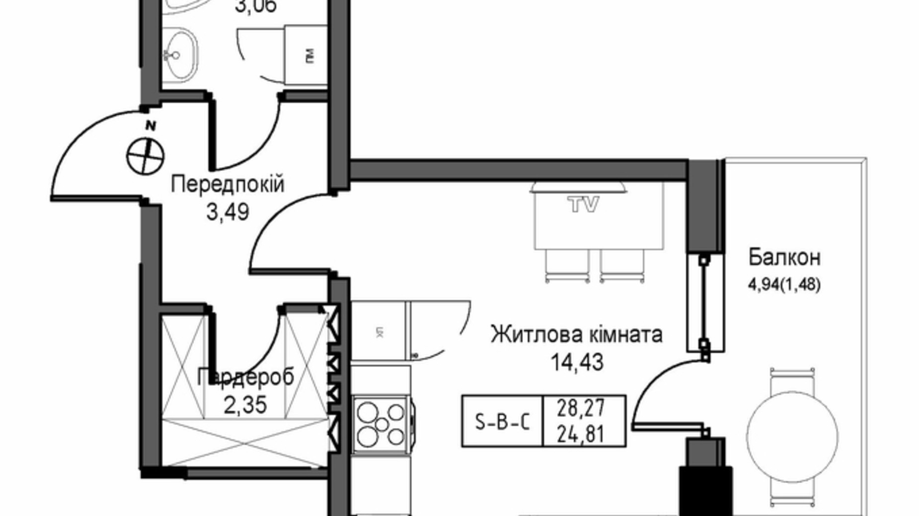 Планировка смарт квартиры в ЖК Artville 28.27 м², фото 570818