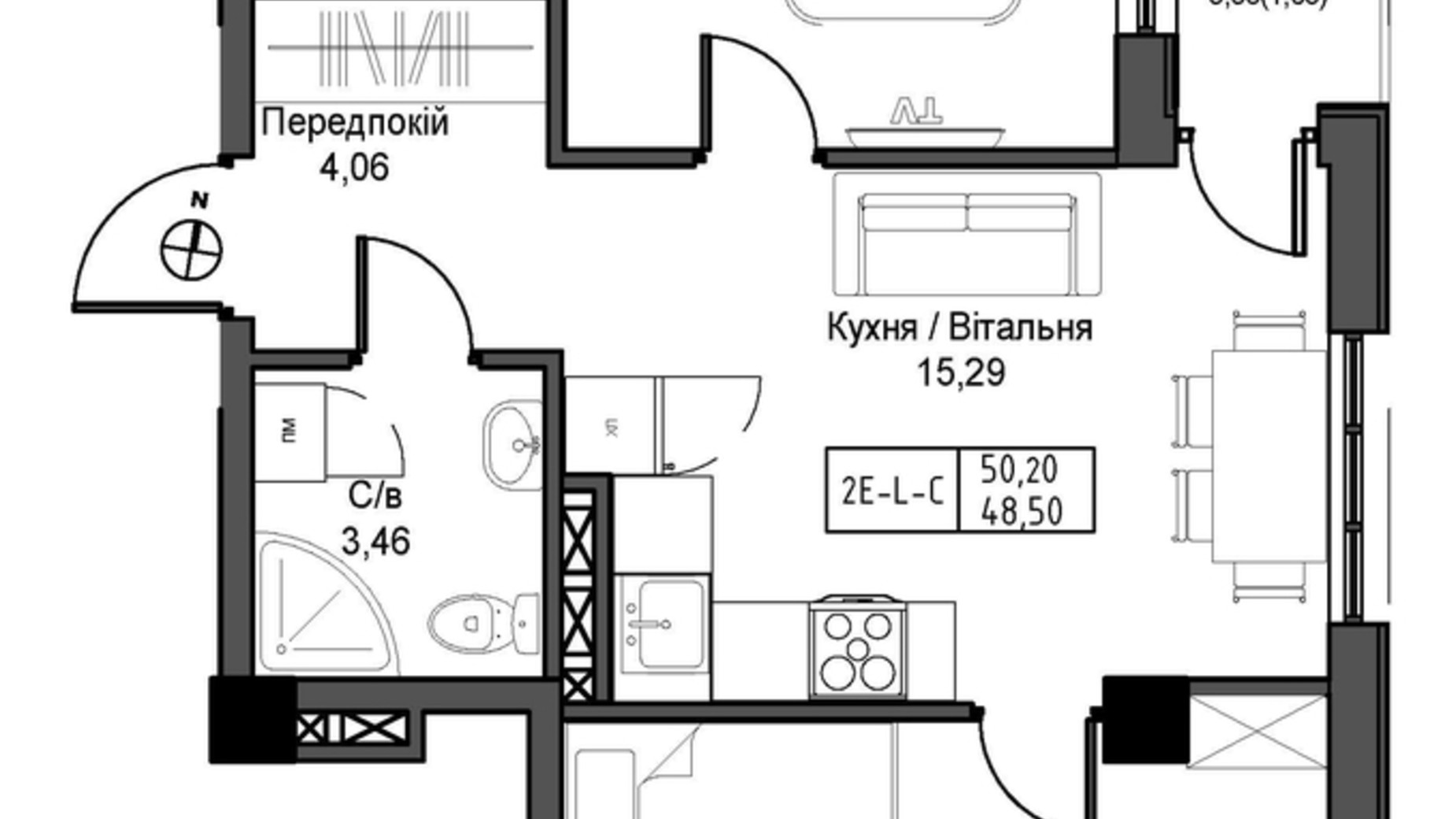 Планировка 2-комнатной квартиры в ЖК Artville 50.2 м², фото 570819