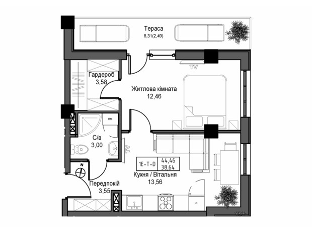 ЖК Artville: планировка 1-комнатной квартиры 44.46 м²