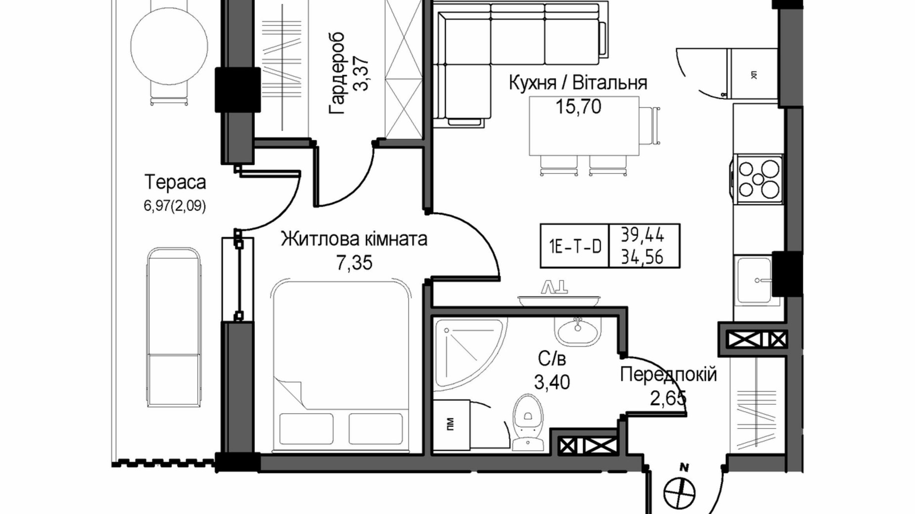 Планування 1-кімнатної квартири в ЖК Artville 39.44 м², фото 570822