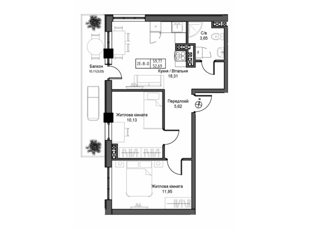 ЖК Artville: планировка 2-комнатной квартиры 59.77 м²