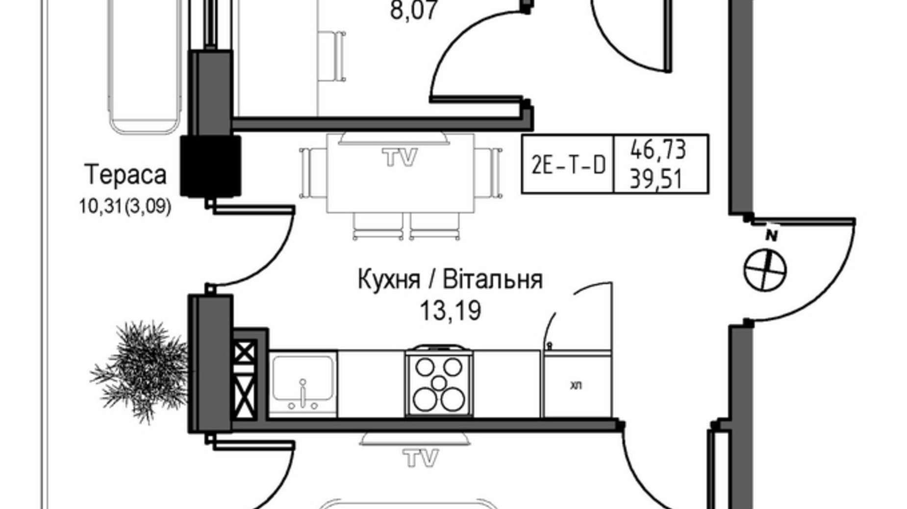 Планування 2-кімнатної квартири в ЖК Artville 46.73 м², фото 570826