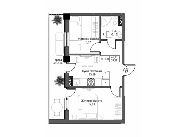 ЖК Artville: планування 2-кімнатної квартири 46.73 м²