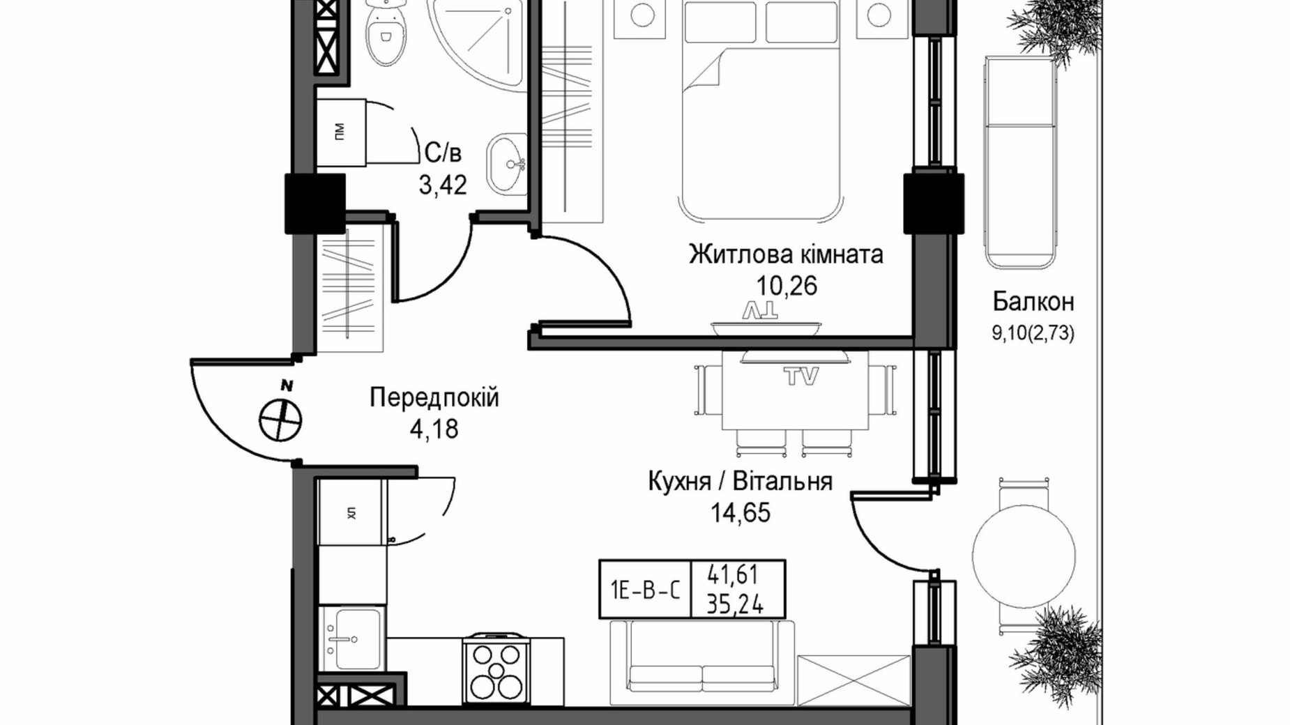 Планування 1-кімнатної квартири в ЖК Artville 41.61 м², фото 570828