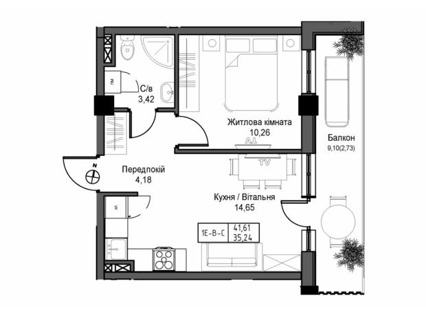 ЖК Artville: планування 1-кімнатної квартири 41.61 м²