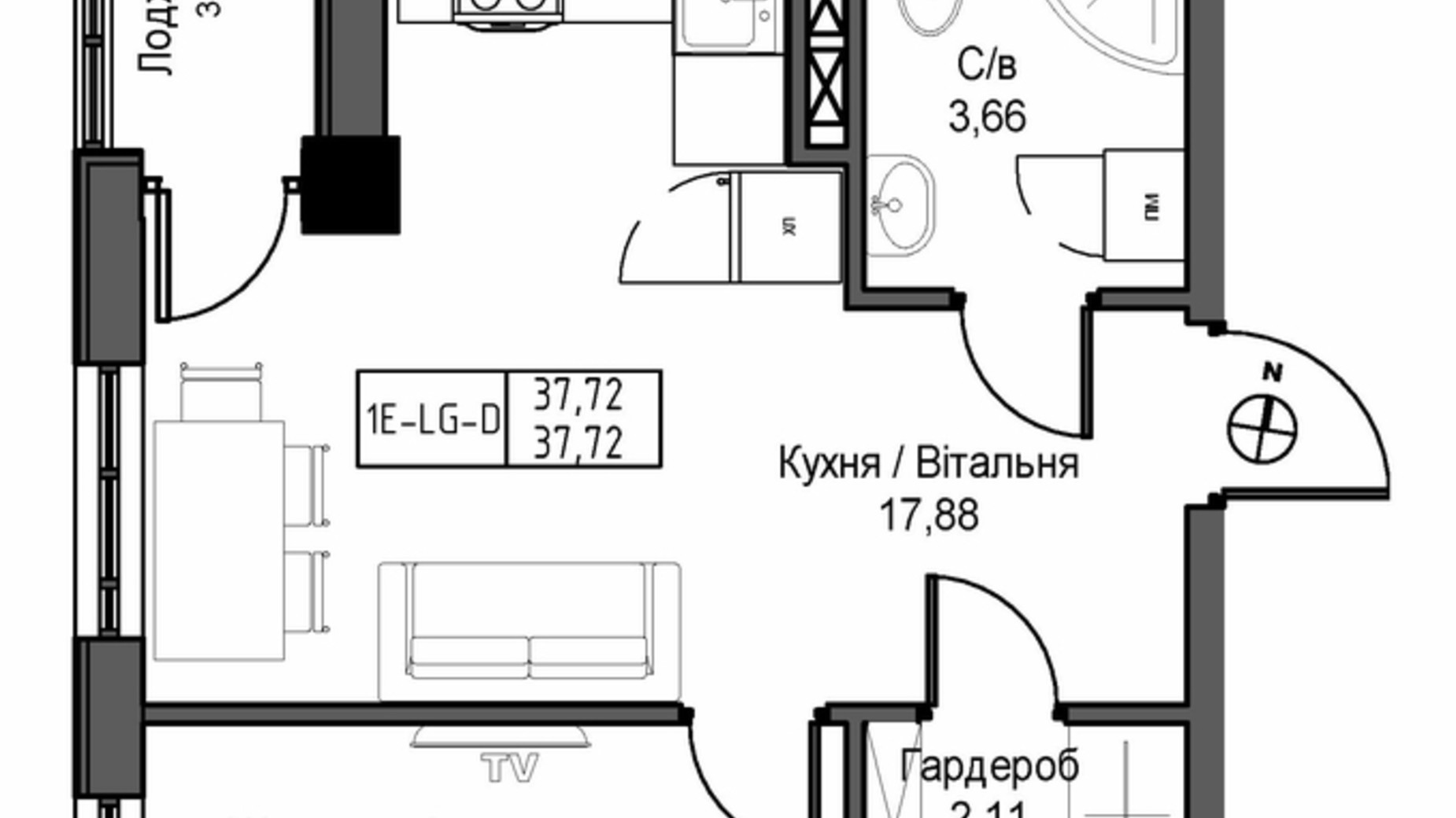 Планировка 1-комнатной квартиры в ЖК Artville 37.72 м², фото 570829