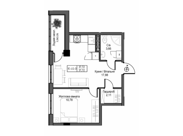 ЖК Artville: планування 1-кімнатної квартири 37.72 м²