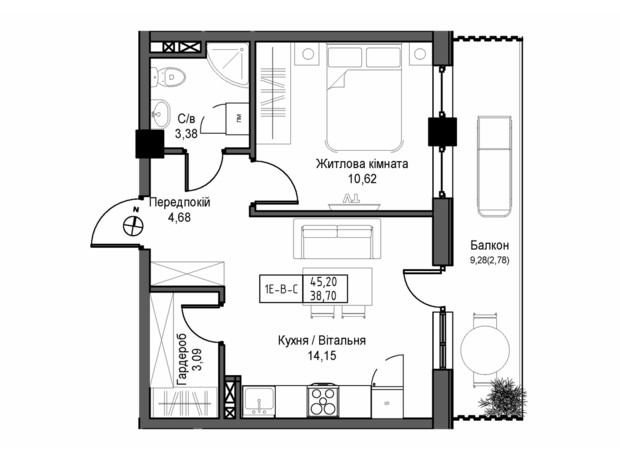 ЖК Artville: планировка 1-комнатной квартиры 45.2 м²