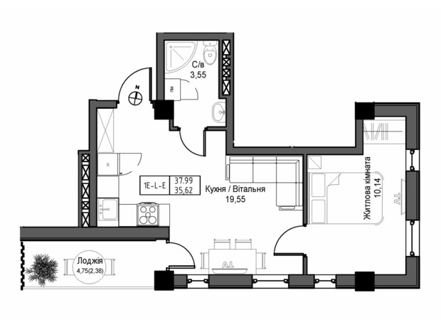ЖК Artville: планування 1-кімнатної квартири 37.99 м²