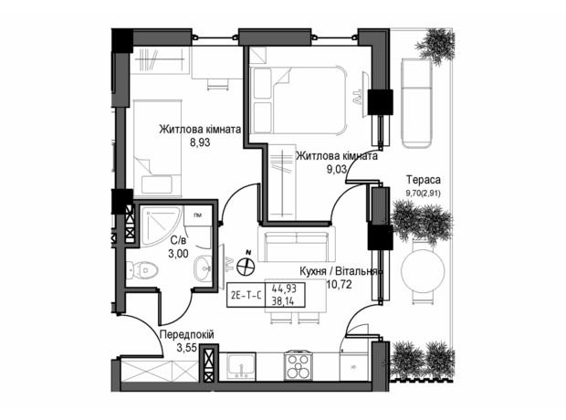 ЖК Artville: планировка 2-комнатной квартиры 44.93 м²