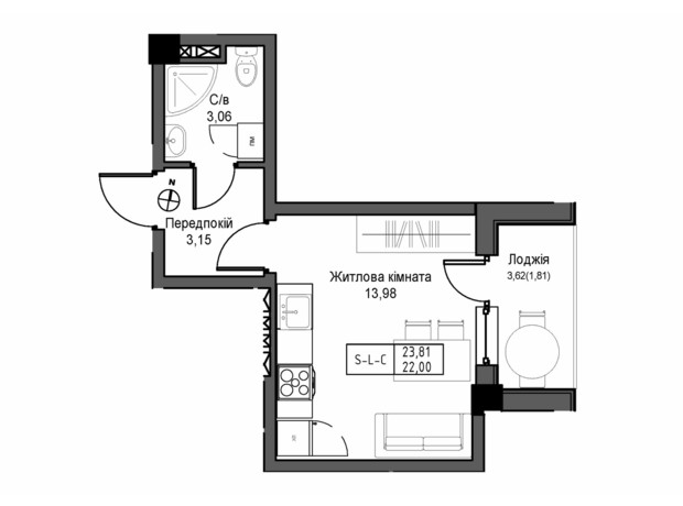 ЖК Artville: планировка 1-комнатной квартиры 23.81 м²