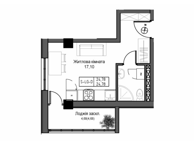 ЖК Artville: планировка 1-комнатной квартиры 24.78 м²