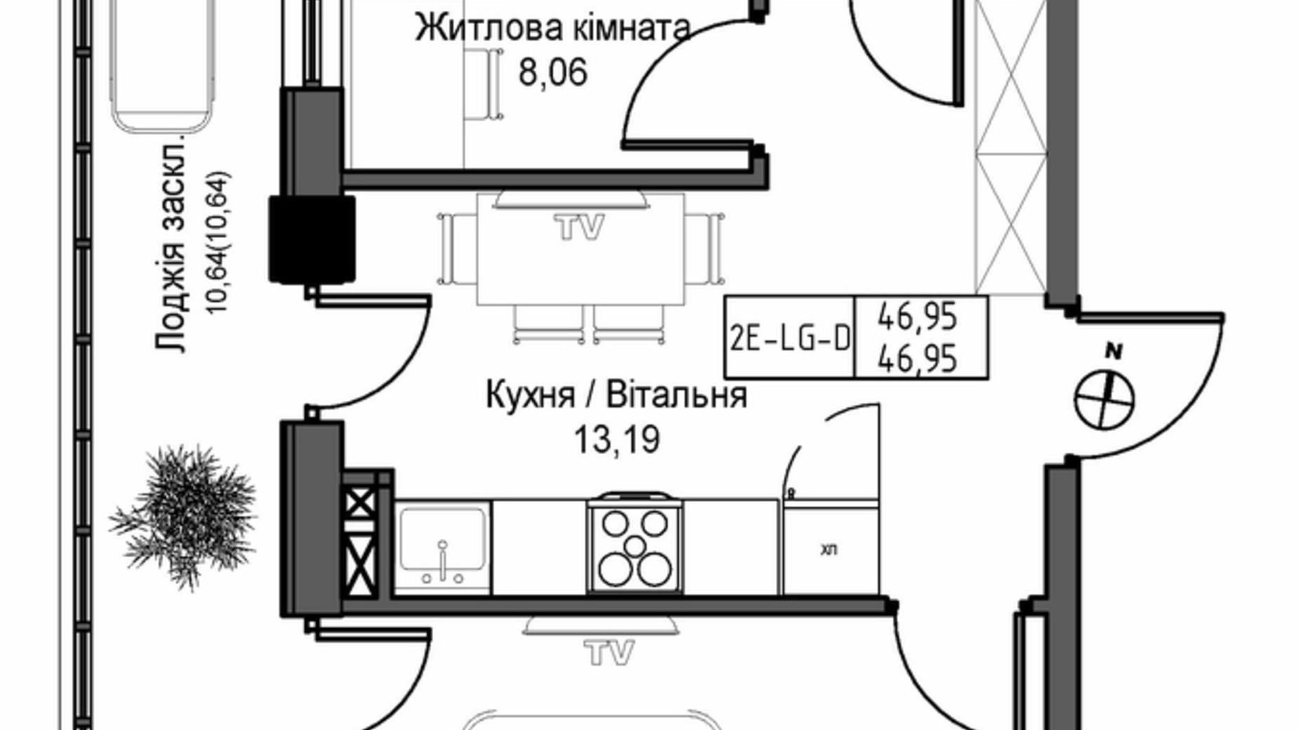 Планировка 2-комнатной квартиры в ЖК Artville 46.95 м², фото 570840