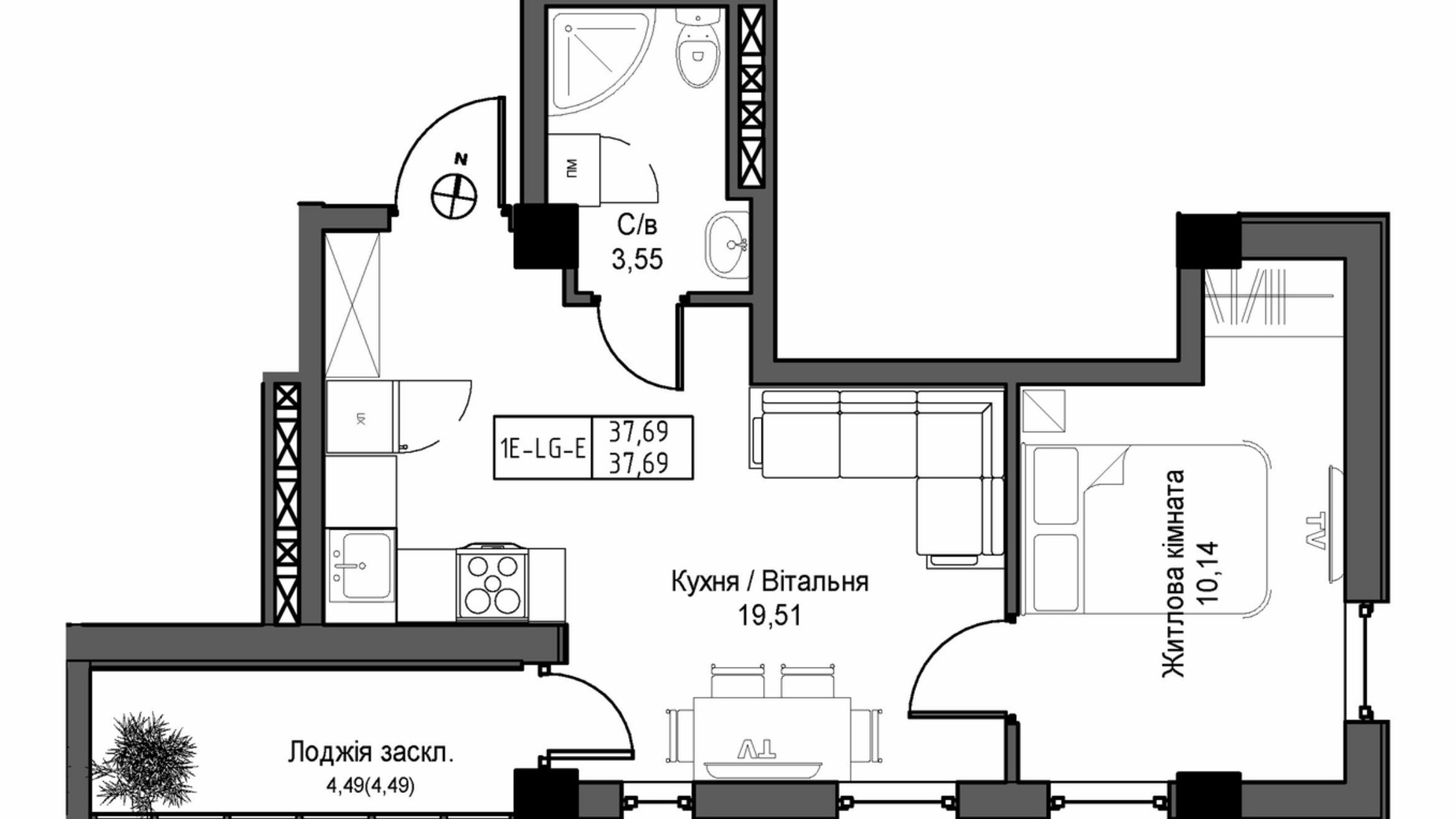 Планування 1-кімнатної квартири в ЖК Artville 37.69 м², фото 570841