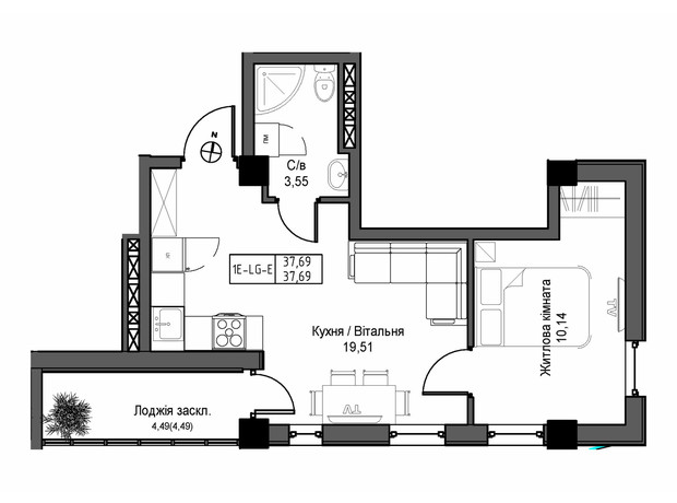 ЖК Artville: планировка 1-комнатной квартиры 37.69 м²