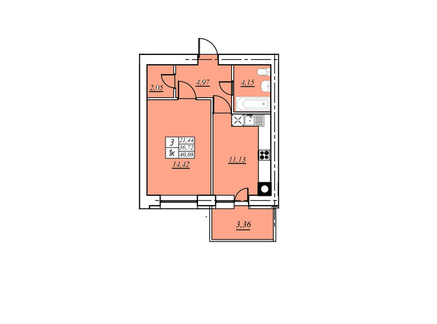 ЖК на Шептицкого: планировка 1-комнатной квартиры 40.08 м²