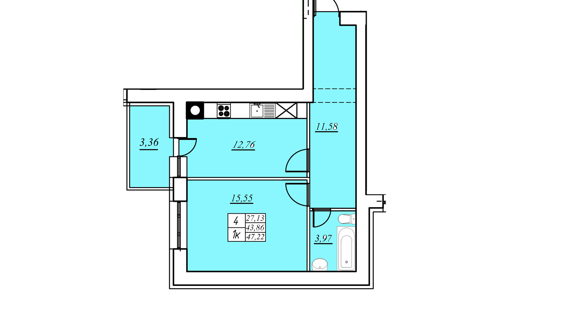 Планировка 1-комнатной квартиры в ЖК на Шептицкого 47.22 м², фото 571203