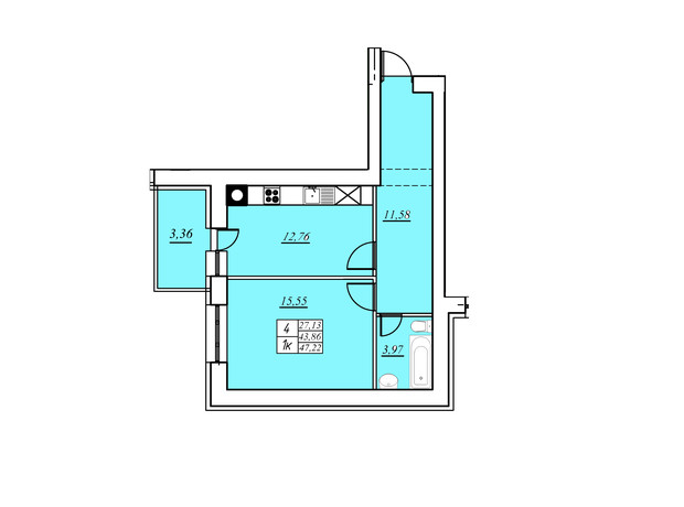 ЖК на Шептицкого: планировка 1-комнатной квартиры 47.22 м²