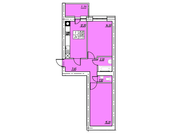 ЖК на Шептицького: планування 2-кімнатної квартири 57.21 м²