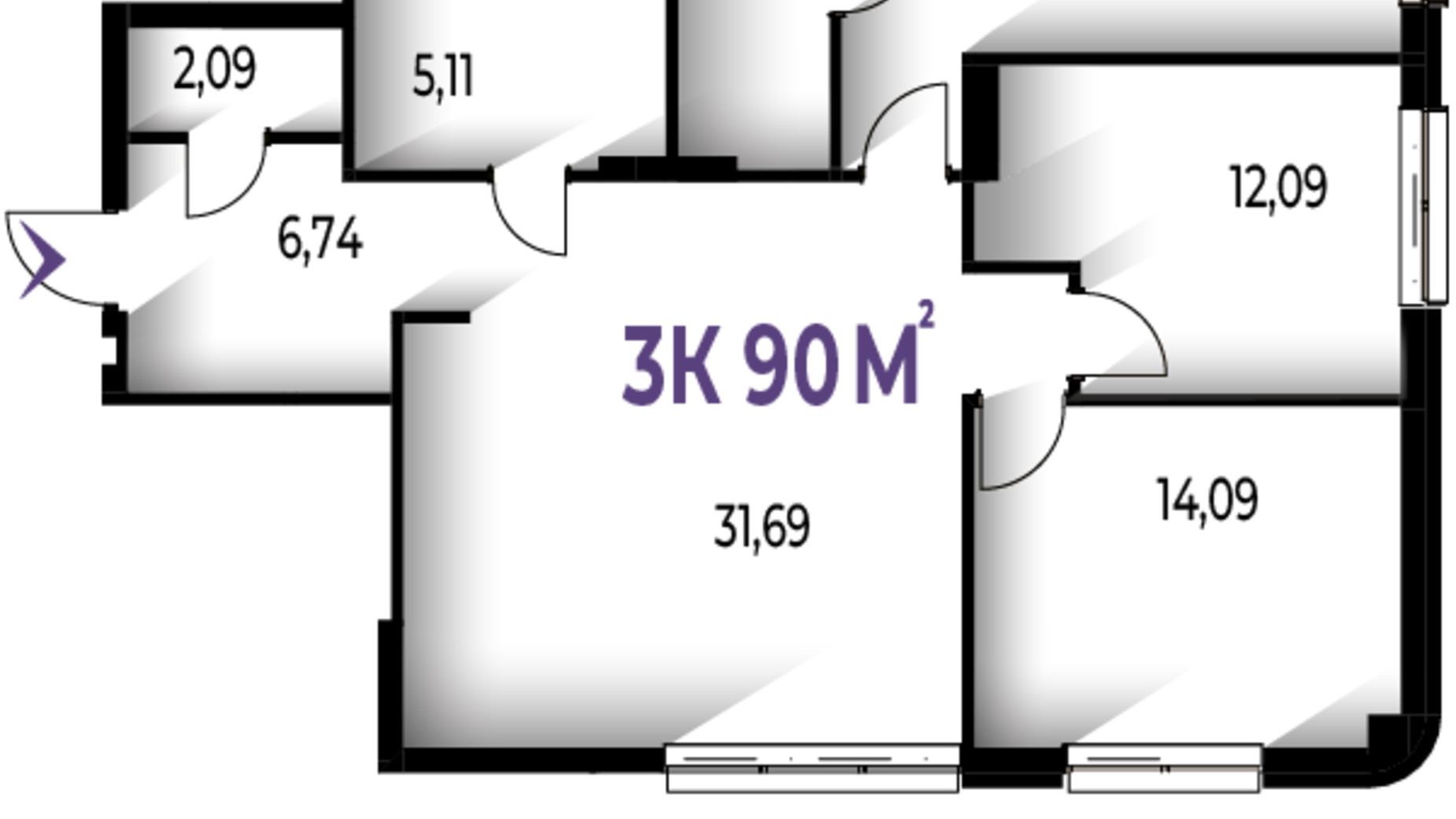 Планування 3-кімнатної квартири в ЖК Trivium 90 м², фото 571237