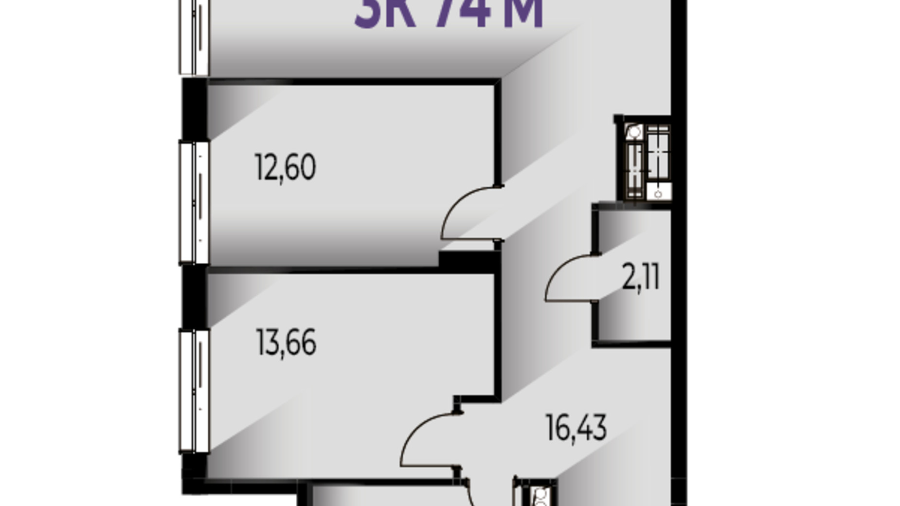 Планування 2-кімнатної квартири в ЖК Trivium 74.3 м², фото 571240