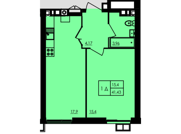 ЖК City Park: планировка 1-комнатной квартиры 41.55 м²