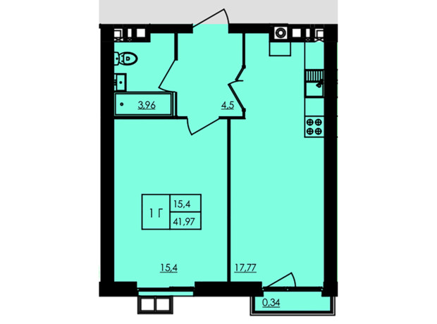 ЖК City Park: планування 1-кімнатної квартири 42.09 м²