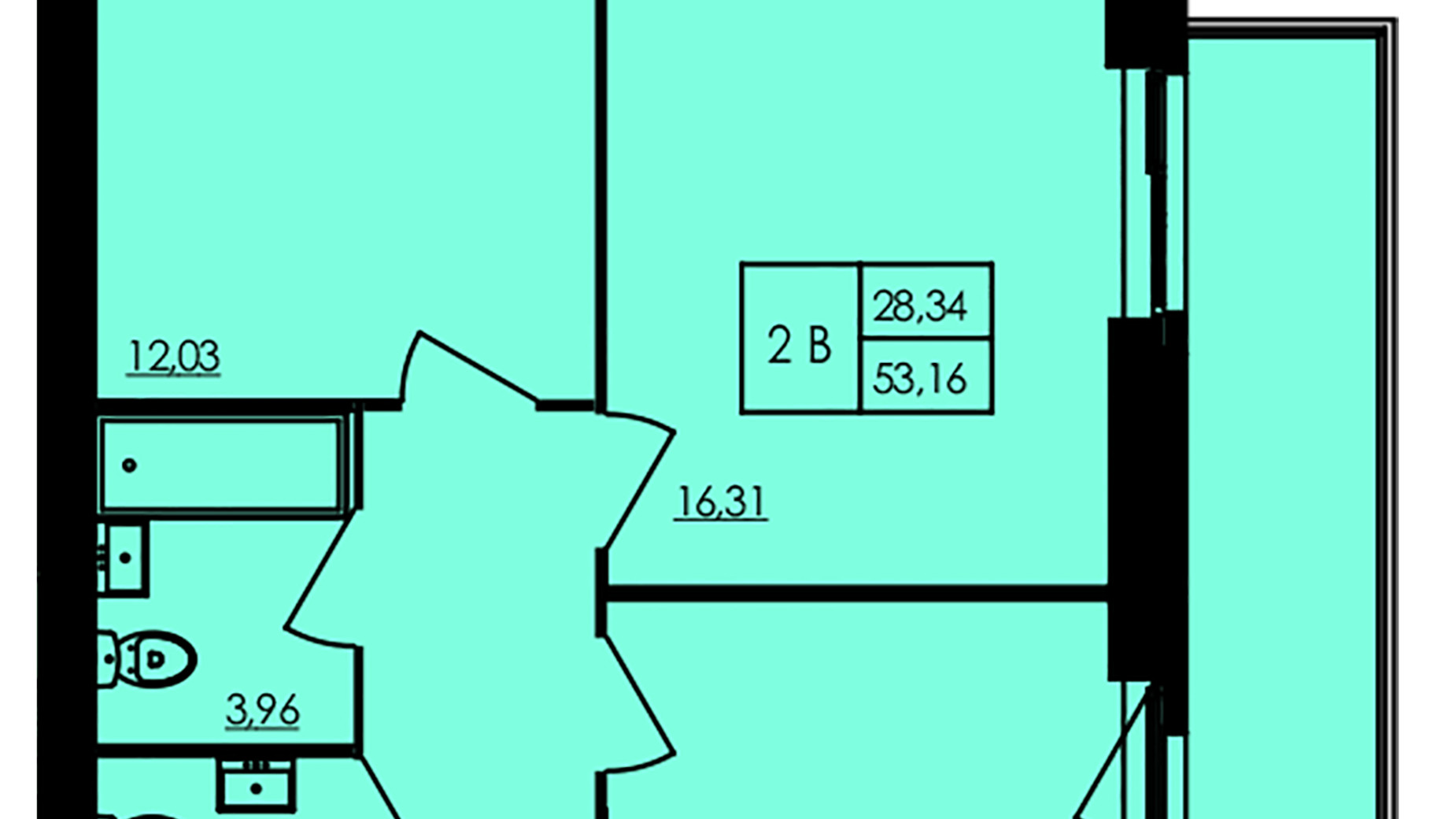 Планировка 2-комнатной квартиры в ЖК City Park 53.23 м², фото 571308