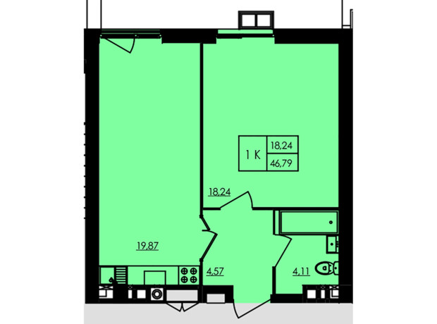 ЖК City Park: планировка 1-комнатной квартиры 47.21 м²