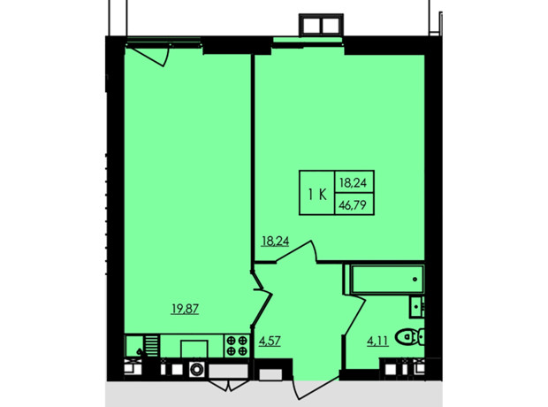 ЖК City Park: планування 1-кімнатної квартири 47.14 м²