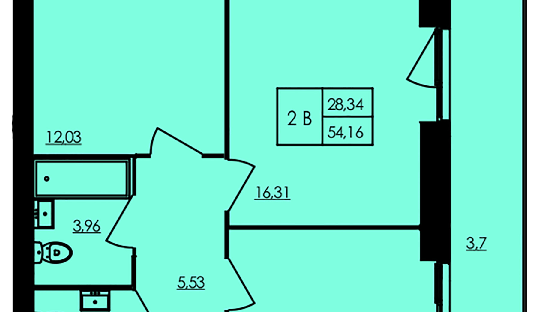 Планування 2-кімнатної квартири в ЖК City Park 54.25 м², фото 571320