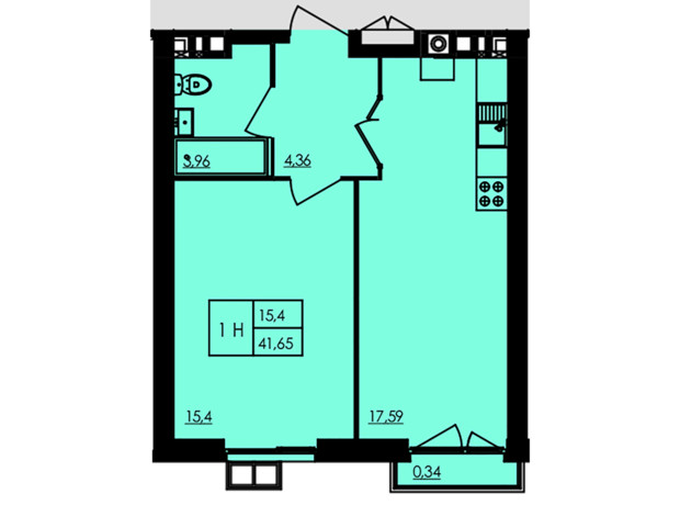 ЖК City Park: планування 1-кімнатної квартири 41.99 м²