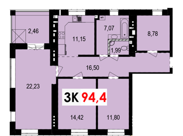 ЖК Квартал Краковский: планировка 3-комнатной квартиры 94.4 м²