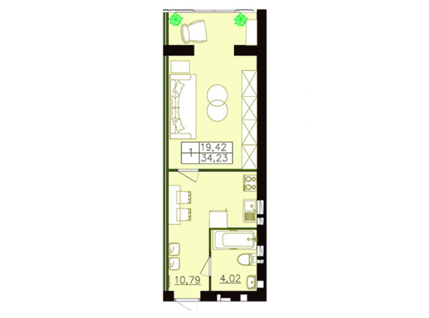 ЖК Форрест: планування 1-кімнатної квартири 33.29 м²