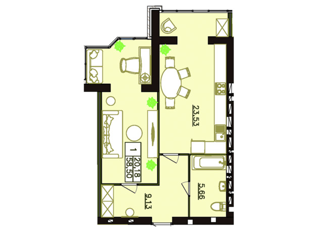 ЖК Форрест: планировка 1-комнатной квартиры 56.82 м²