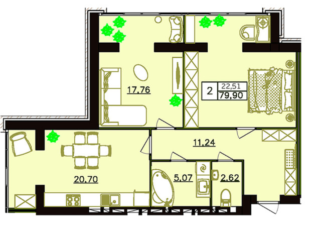 ЖК Форрест: планировка 2-комнатной квартиры 77.53 м²