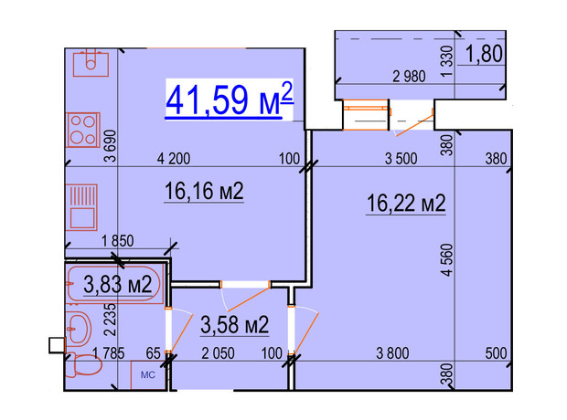 ЖК Manhattan: планировка 1-комнатной квартиры 41.59 м²