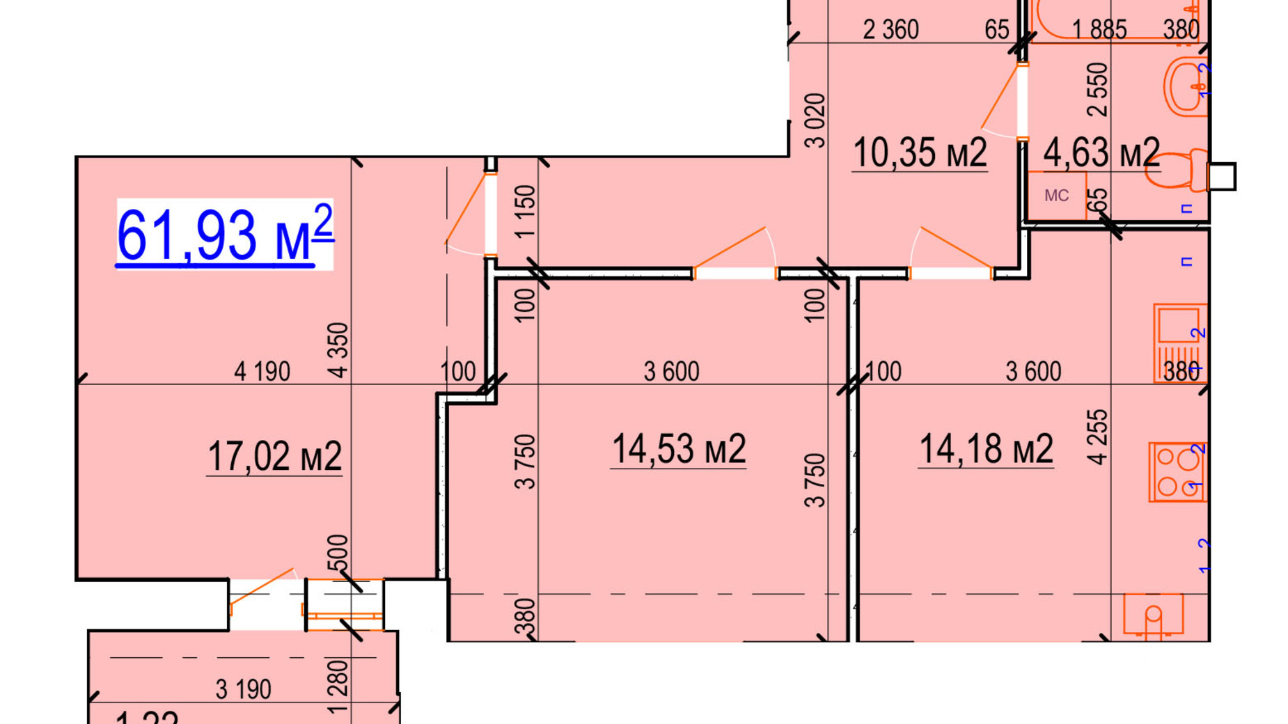 Планировка 2-комнатной квартиры в ЖК Manhattan 61.93 м², фото 571364