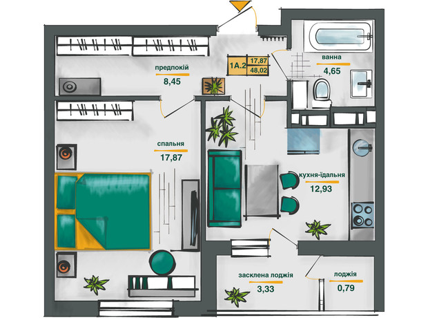 ЖК Сирецькі Сади: планування 1-кімнатної квартири 48.02 м²