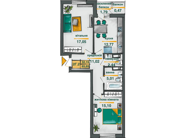 ЖК Сирецькі Сади: планування 2-кімнатної квартири 65.65 м²
